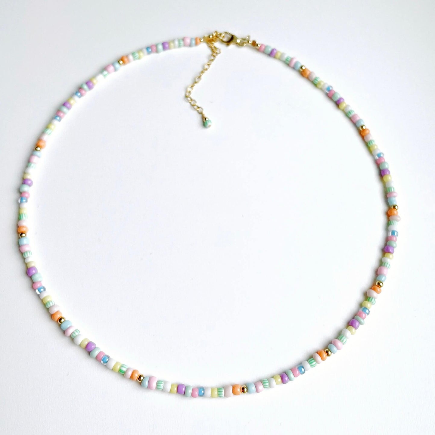Boa Vista necklace with pastel coloured glass 3mm beads with gold fill accent beads, clasp and extender chain