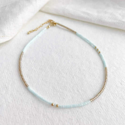 Ice Gold anklet with ice blue and golden Japanese glass beads and gold fill accents
