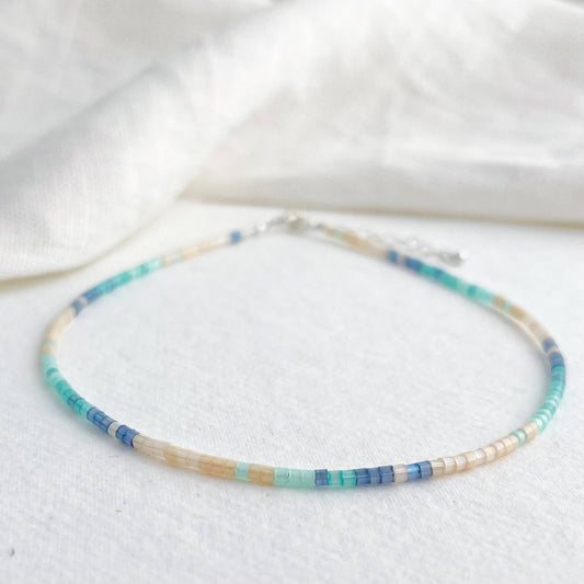 Delicate anklet with beige, aqua and blue Japanese glass beads and sterling silver clasp