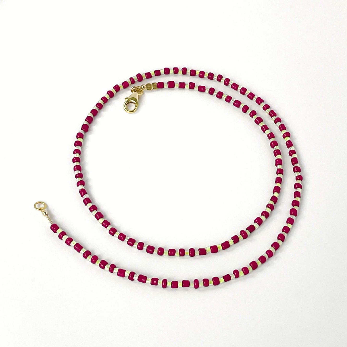 Mulberry necklace with burgundy and citrus yellow glass seed beads and gold filled lobster clasp and extender chain