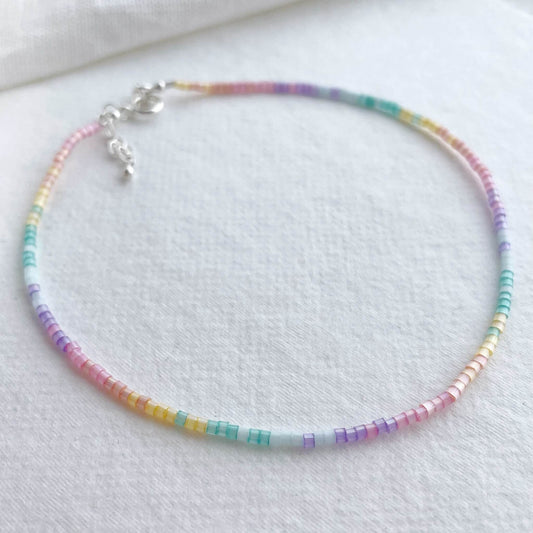 Rainbow Shimmer anklet with multi-colored shimmering Japanese glass beads and sterling silver accents