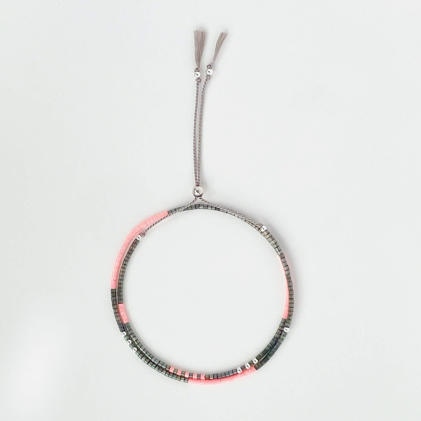 Tokyo double wrap bracelet with grey and flamingo pink Miyuki beads and sterling silver clasp