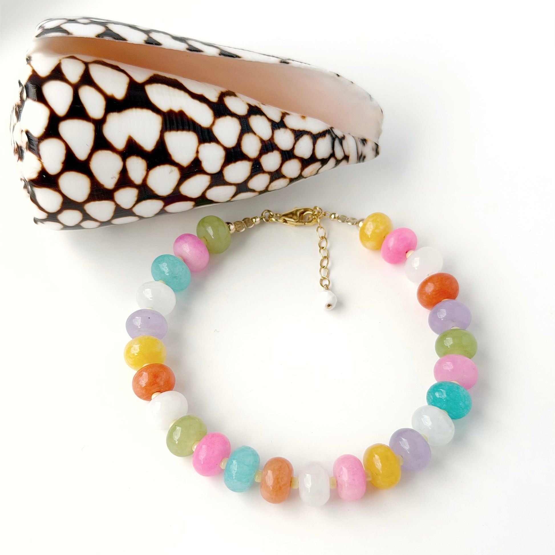 Colorful jaded  beaded necklace with a shell clutch on a white background
