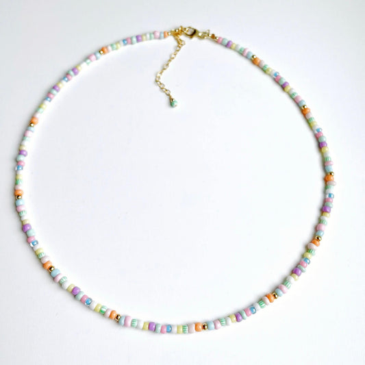 Boa Vista necklace with pastel coloured glass 3mm beads with gold fill accent beads, clasp and extender chain 