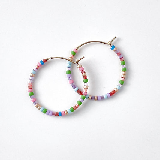 Colourful 25mm beaded hoops with pink, blue, red, green and lilac beads on gold filled wire