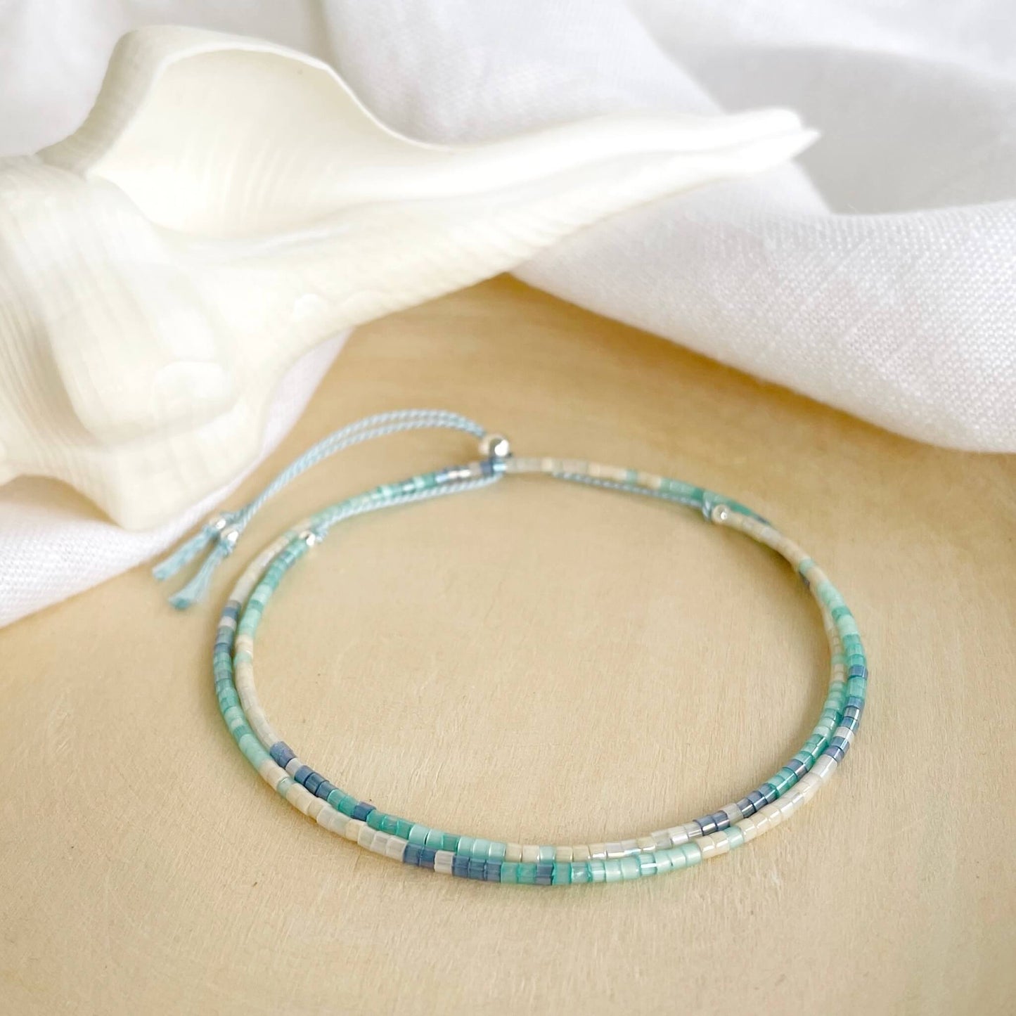 St Ives double wrap bracelet with aqua and blue glass beads and sterling silver accents