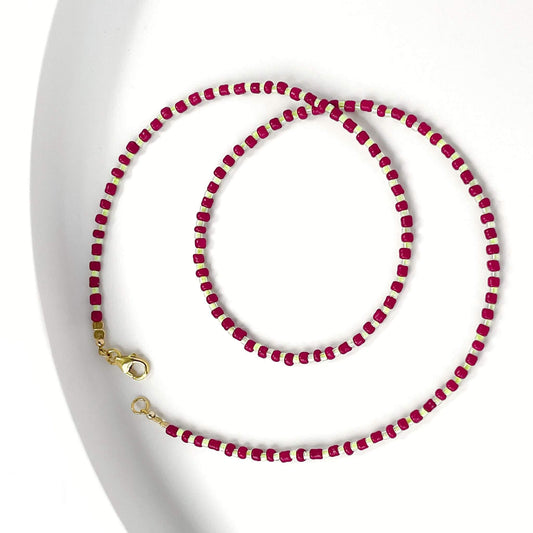 Mulberry necklace with burgundy and citrus yellow glass beads and gold filled clasp