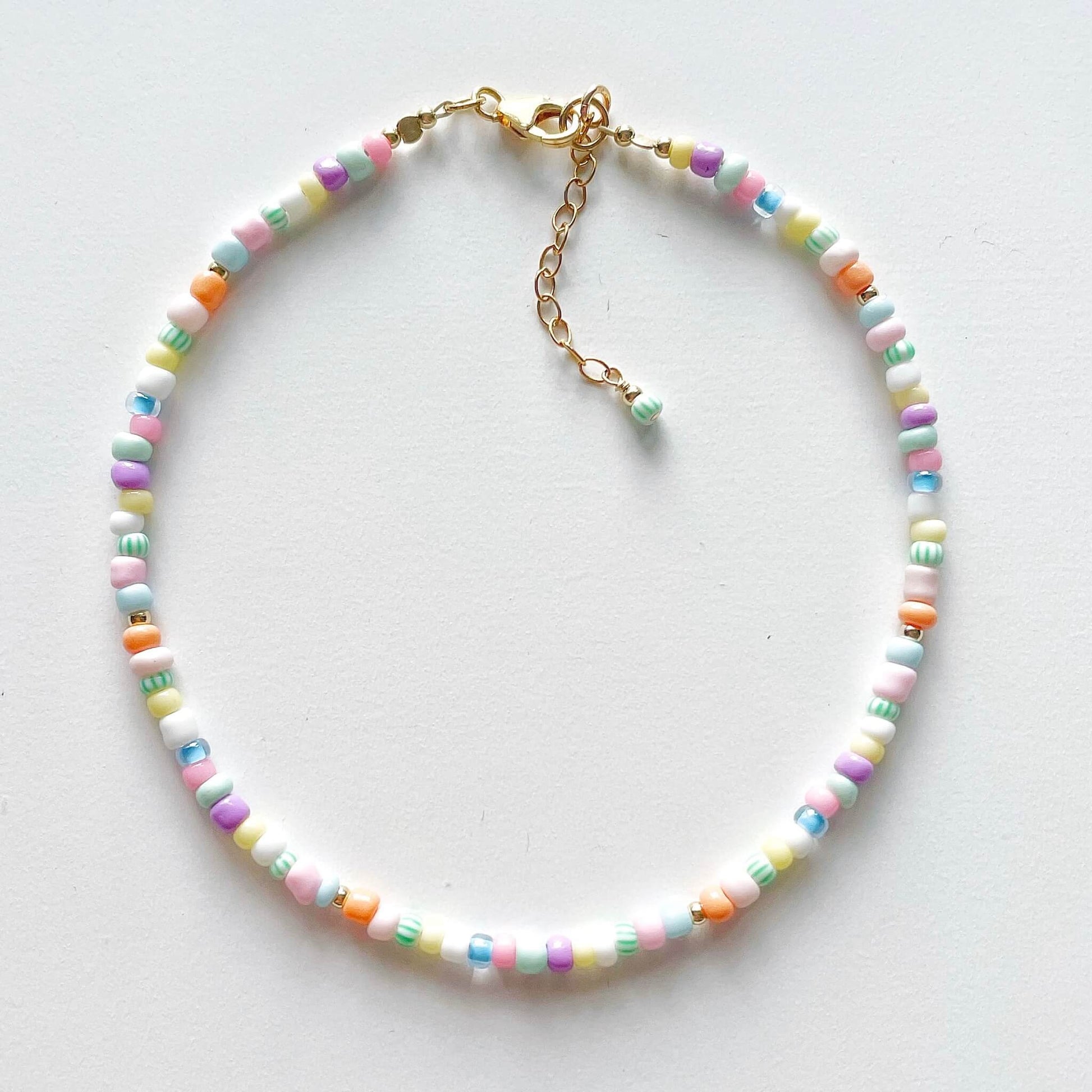 Boa Vista anklet with sorbet colour palette glass beads and gold fill accents