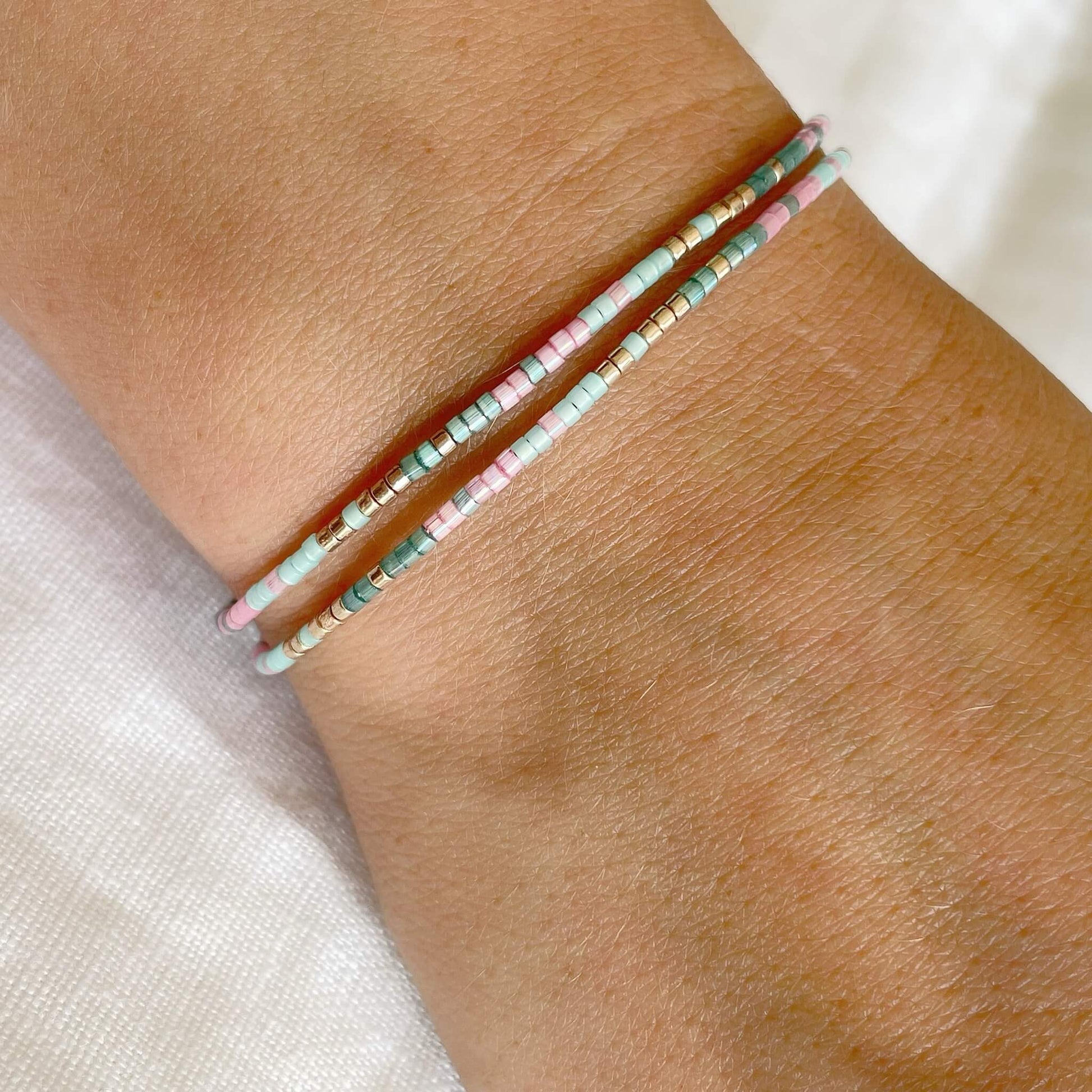 Islamorada double wrap bracelet shown worn on wrist at medium length