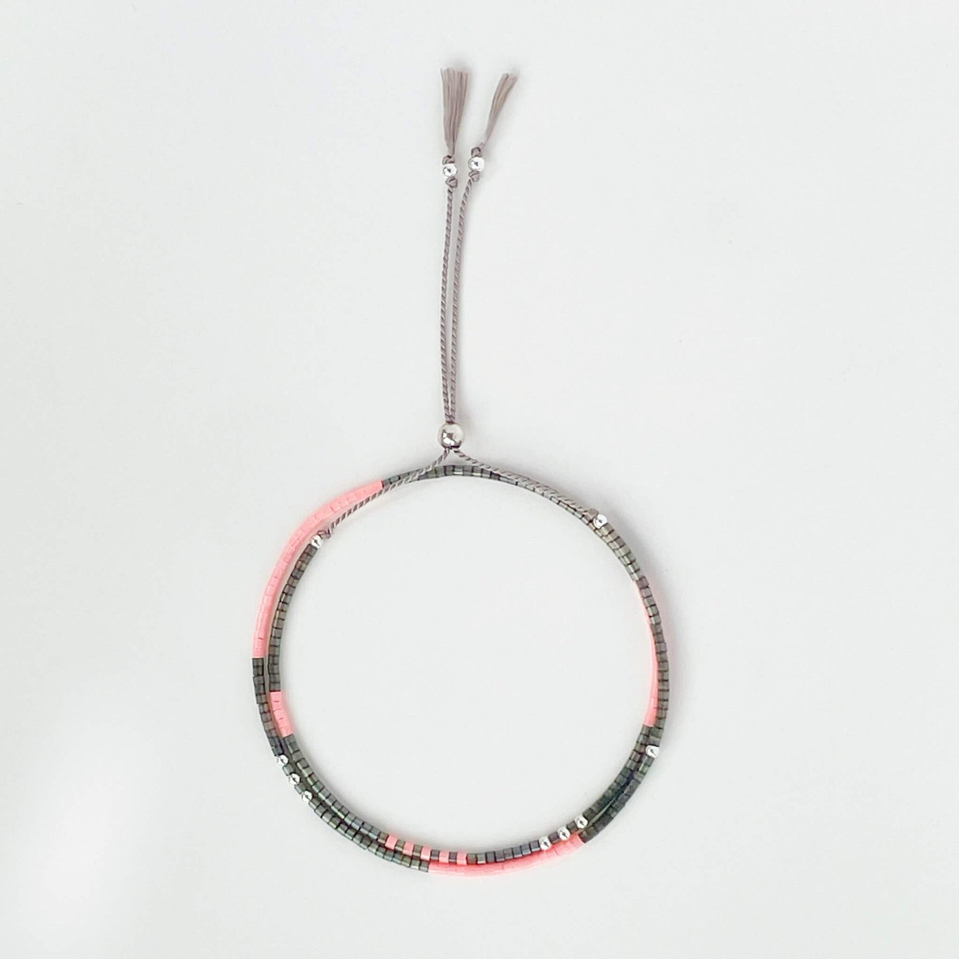 Tokyo double wrap bracelet with grey and flamingo pink Miyuki beads and sterling silver clasp