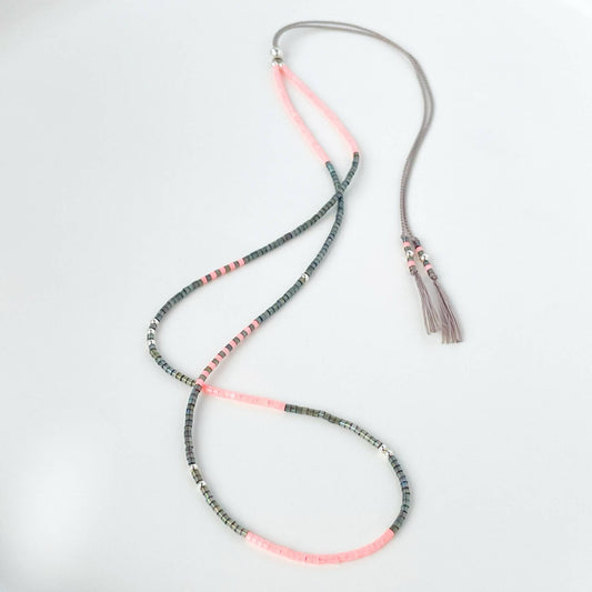 Tokyo necklace with grey and flamingo pink Miyuki beads on silk cord with sterling silver accents