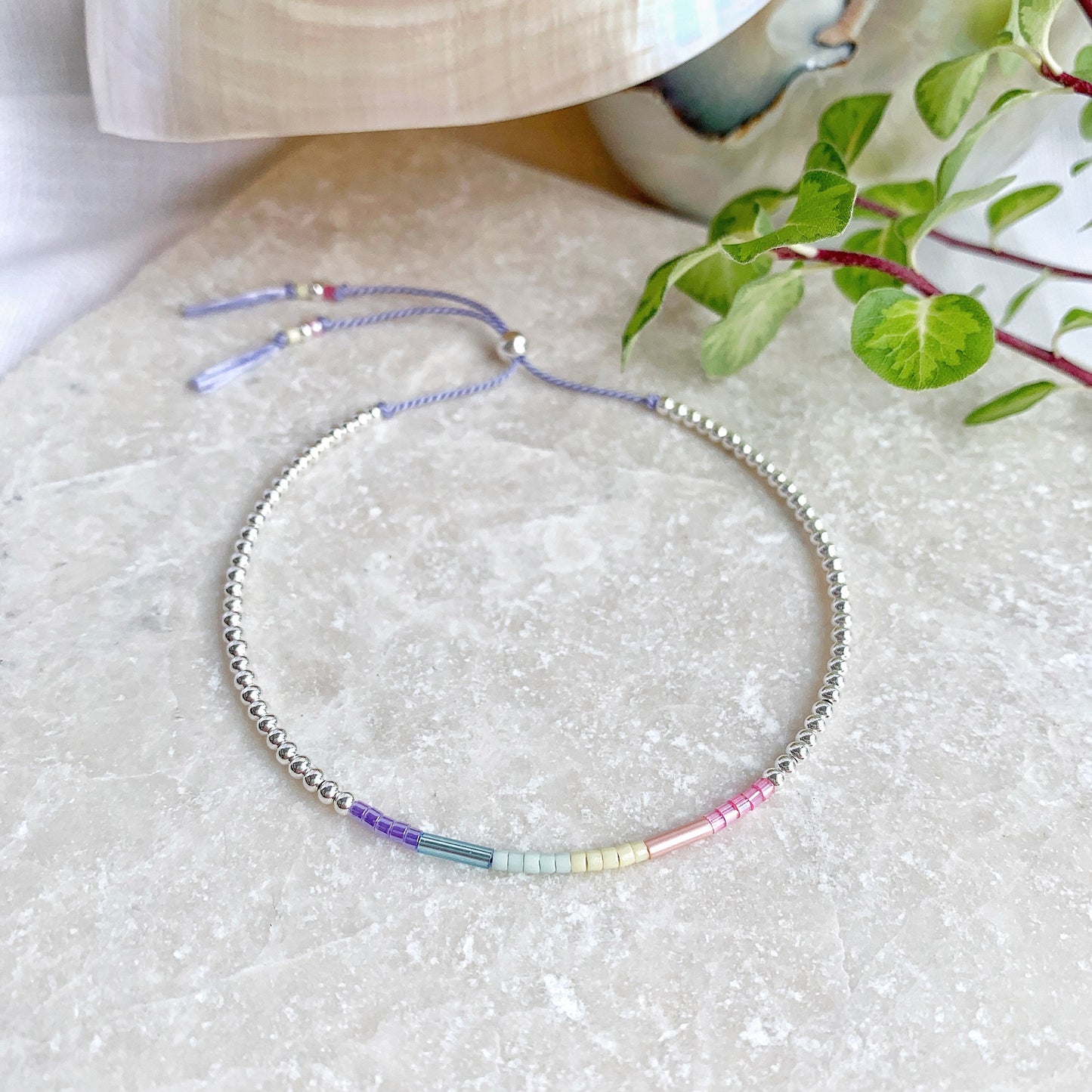 Rainbow Silver Beaded Silk Bracelet