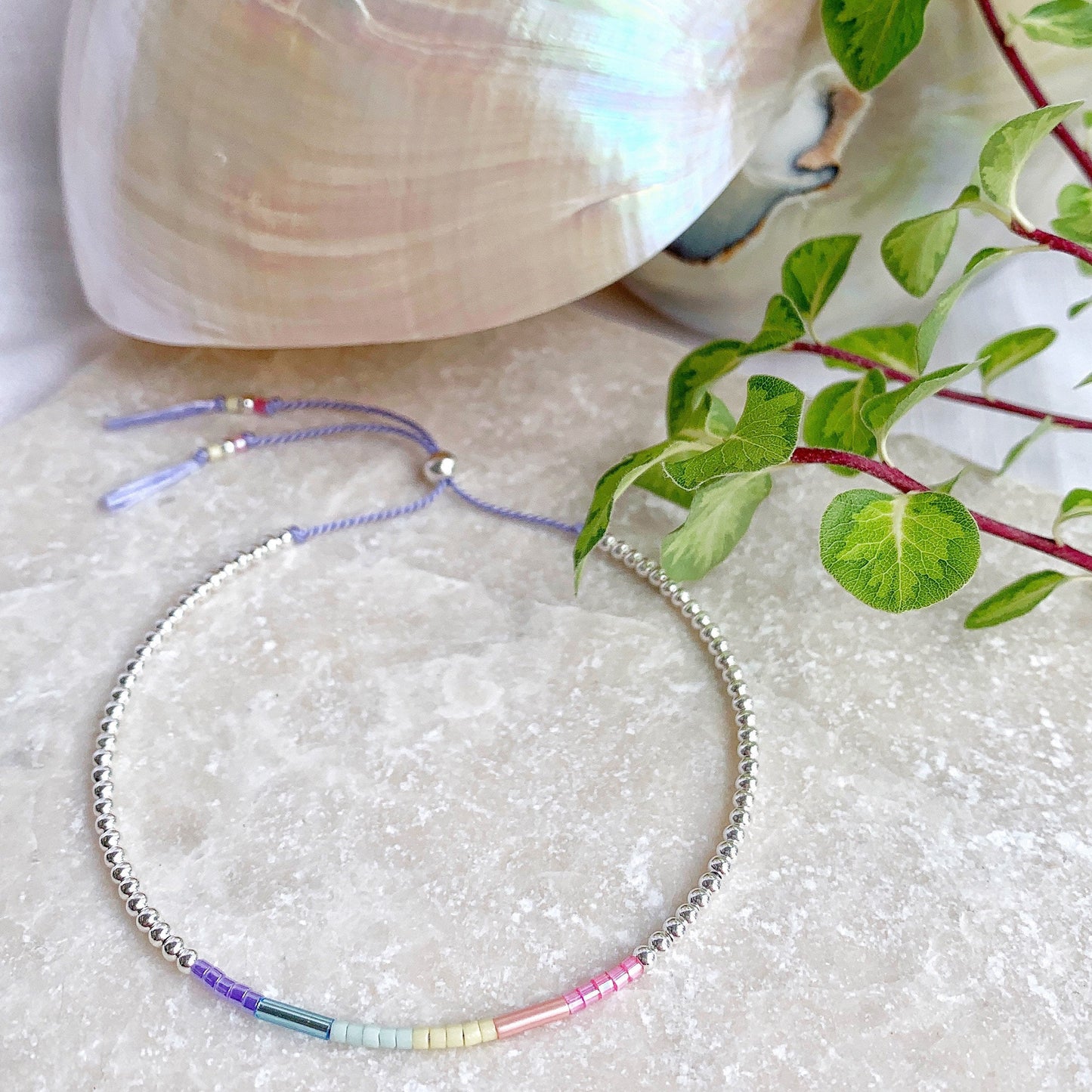 Rainbow Silver Beaded Silk Bracelet
