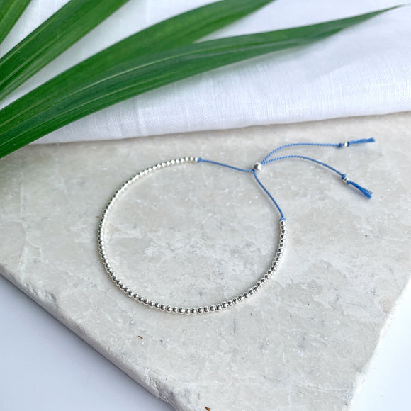 Sterling Silver Beaded Blue Silk Bracelet