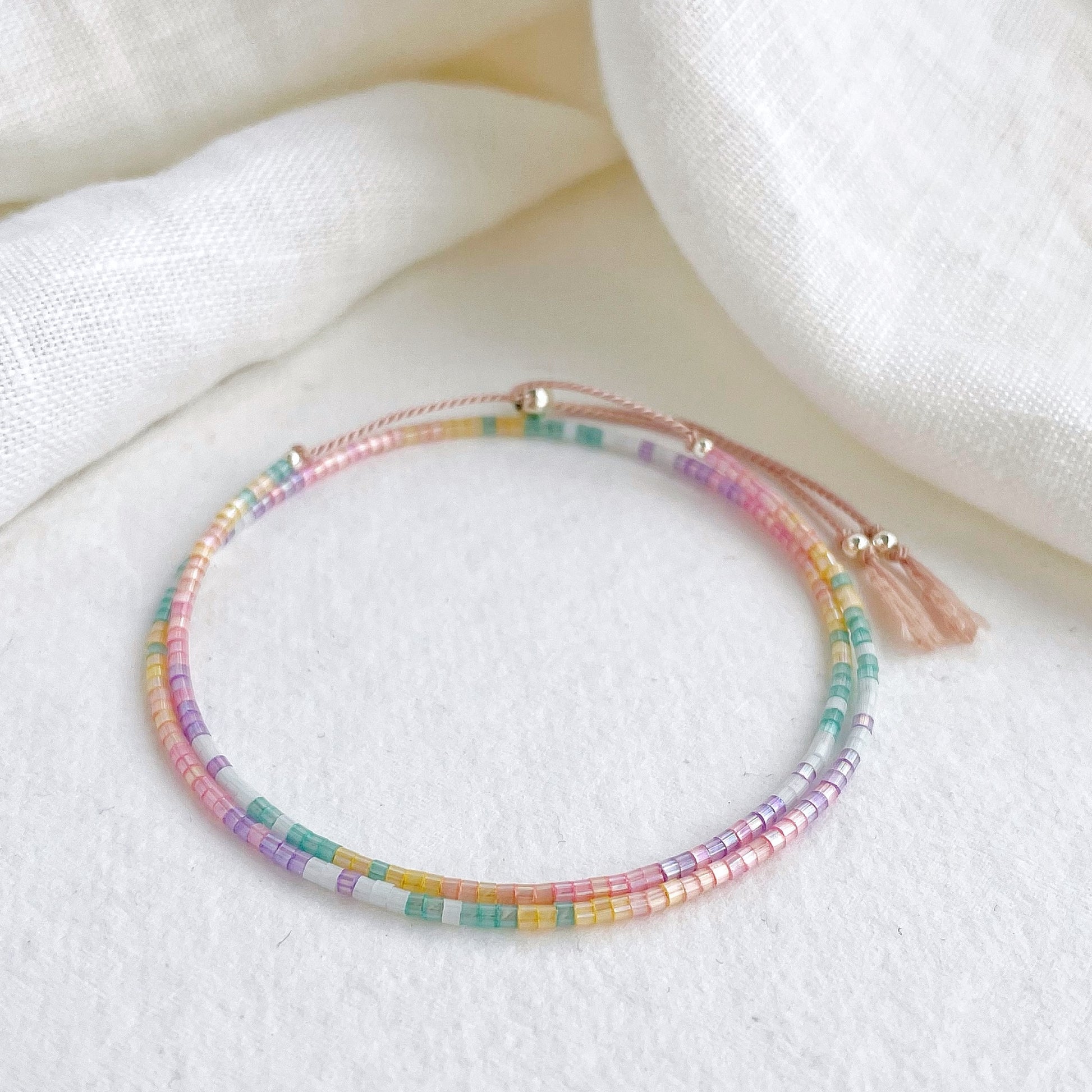 Beaded Pastel rainbow double wrap silk bracelet